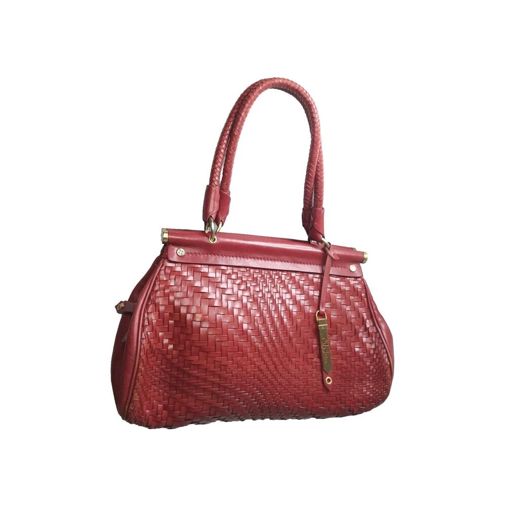 Cole Haan Woven Leather Handbag Maroon Red Satchel - Picture 4 of 12